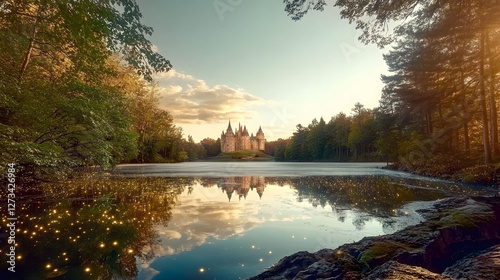 
An enchanted forest at dusk, a river flowing through the landscape, the horizon glowing with a stunning sunset, a castle silhouetted against the colorful sky, ultra-realistic