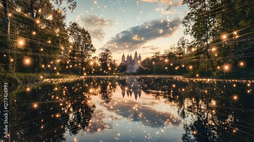 
An enchanted forest at dusk, a river flowing through the landscape, the horizon glowing with a stunning sunset, a castle silhouetted against the colorful sky, ultra-realistic