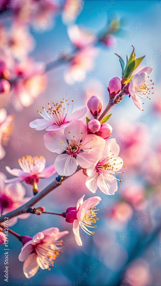 Obraz premium a close-up of delicate pink cherry blossoms on a tree branch, soft focus on petals, warm natural daylight, blurred background with a blue sky and distant trees, peaceful and elegant mood