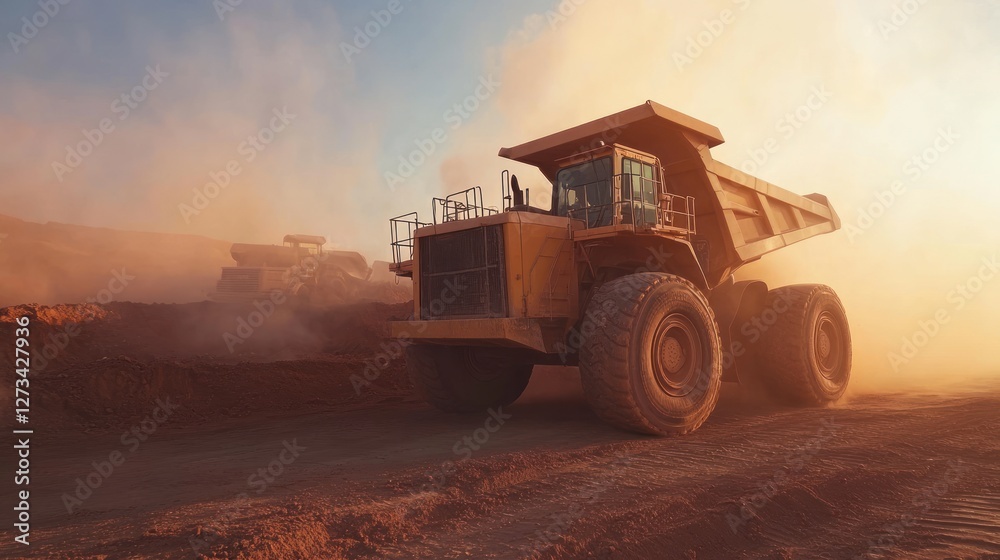 Large yellow haul trucks operate in a dusty mining environment Large yellow haul trucks operate in a dusty mining environment