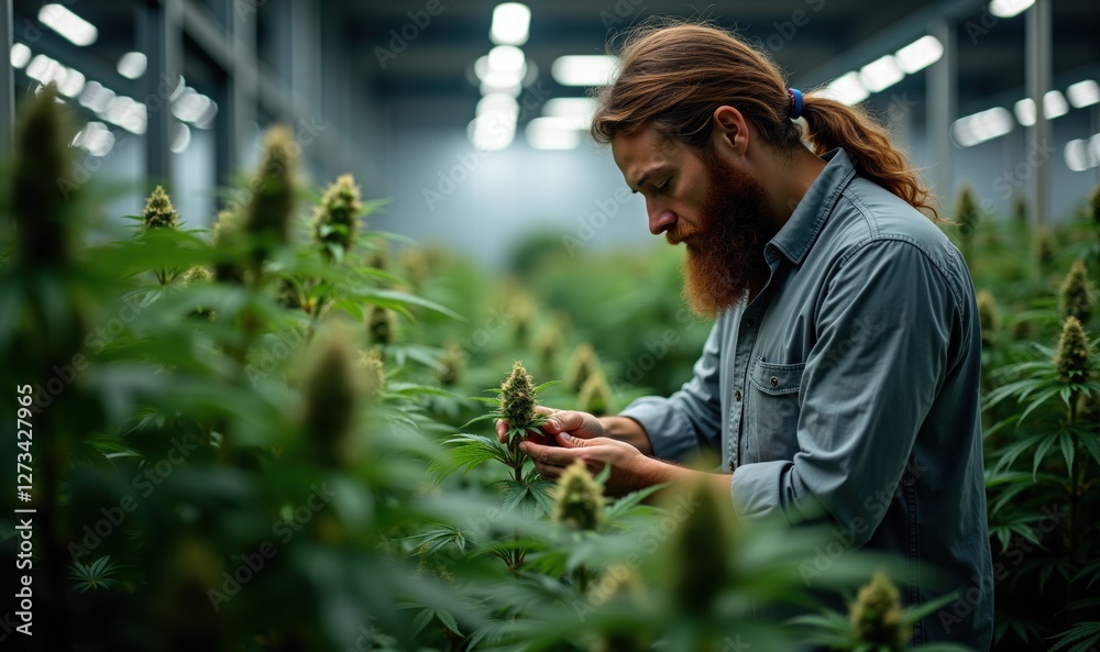 A focused man inspects cannabis plants in a greenhouse, showcasing dedication to cultivation and quality control in the growing cannabis industry. A focused man inspects cannabis plants in a greenhouse, showcasing dedication to cultivation and quality control in the growing cannabis industry.