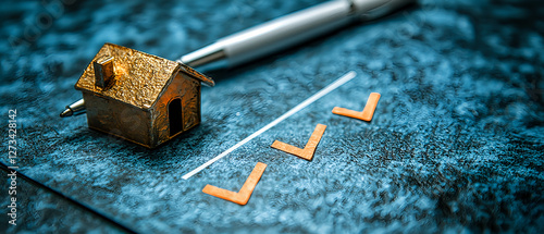 Homeownership checklist with miniature house and pen