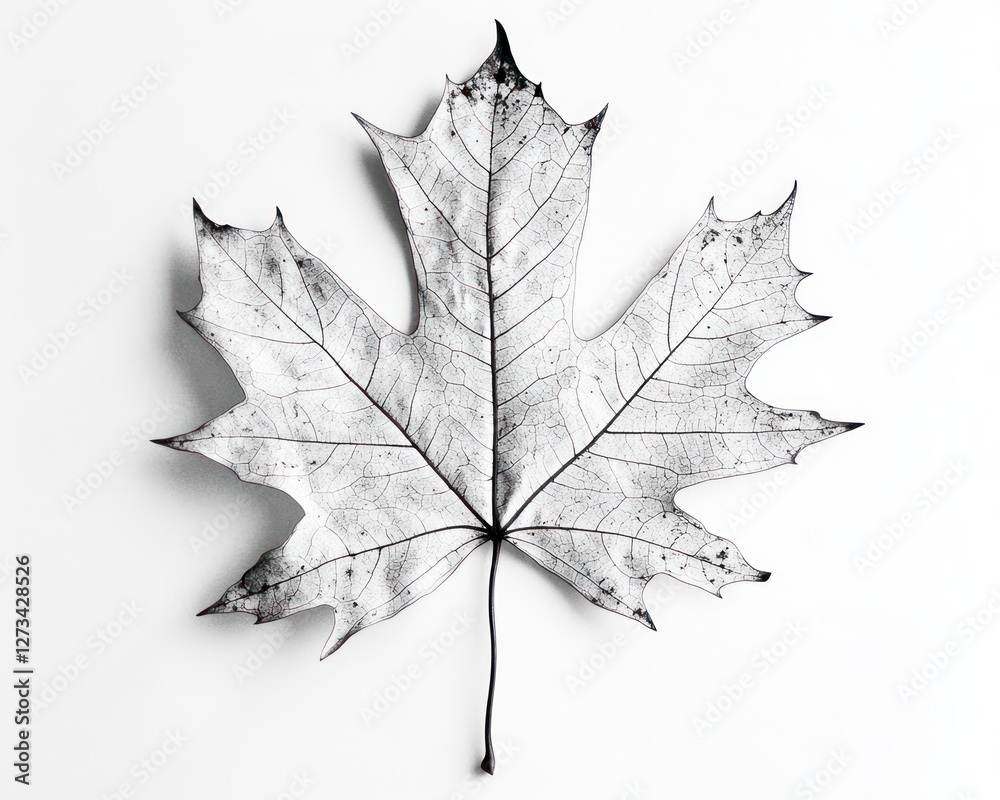 Fototapeta premium Skeletal Maple Leaf on White Background, Autumn Still Life, Nature Photography