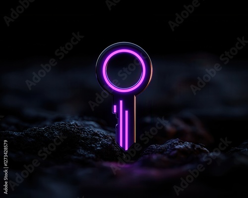 A glowing neon key stands out against a dark background, symbolizing security and innovation in a digital age.