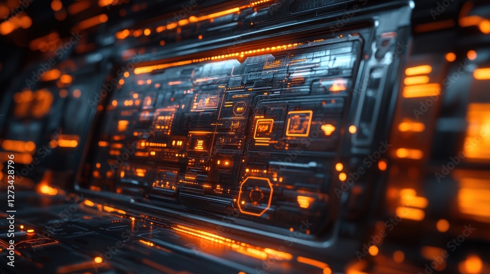 Obraz premium Futuristic interface displays data, glowing orange, tech background, user interface design