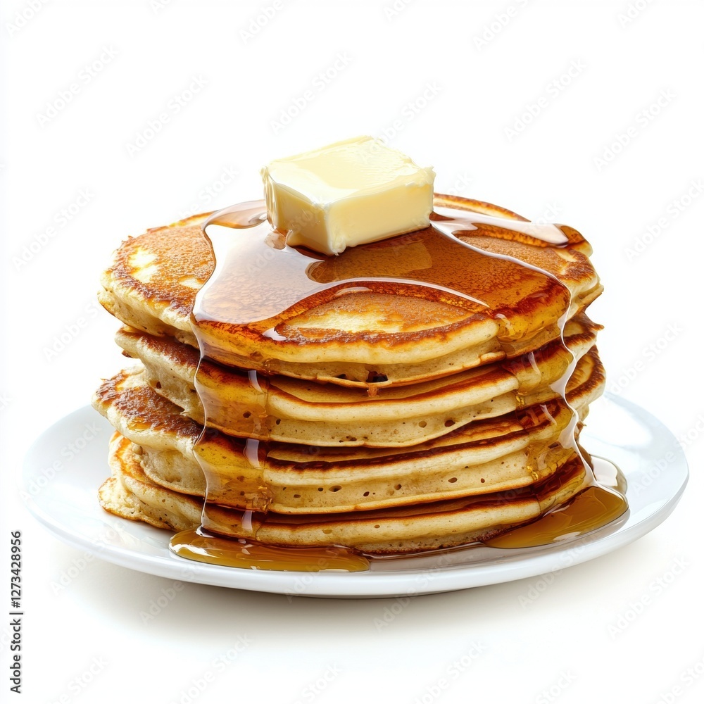 Buttermilk pancake stack with maple syrup and butter isolated on white Buttermilk pancake stack with maple syrup and butter isolated on white