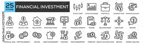 Financial Investment icon collection set. Containing design Stock Chart, Stock Exchange, Portfolio, Interest Rate, Savings Account
