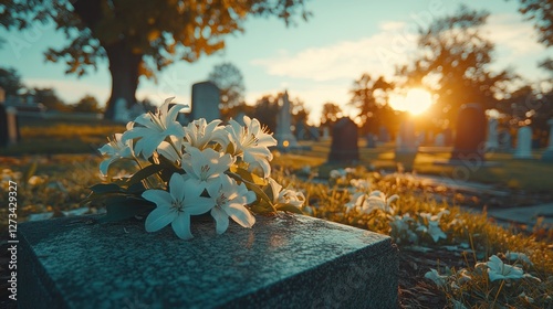 Fototapeta Naklejka Na Ścianę i Meble -  Sunset memorial flowers on grave, cemetery