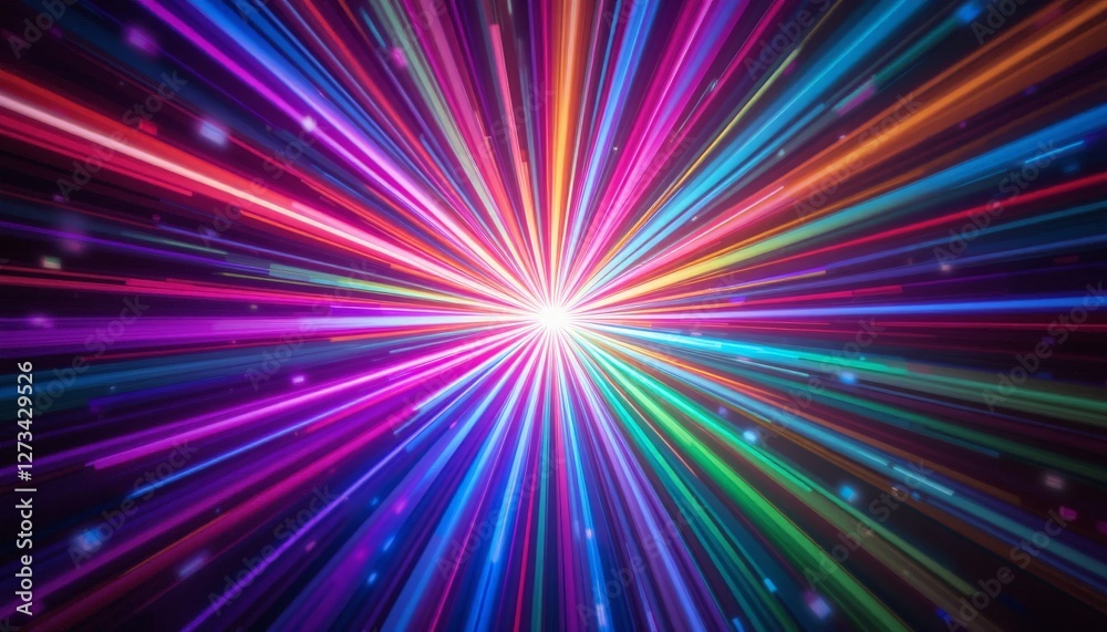 A vivid display of colored light rays radiating from a central point, creating an energetic and captivating effect, perfect for backgrounds in digital art or events. A vivid display of colored light rays radiating from a central point, creating an energetic and captivating effect, perfect for backgrounds in digital art or events.