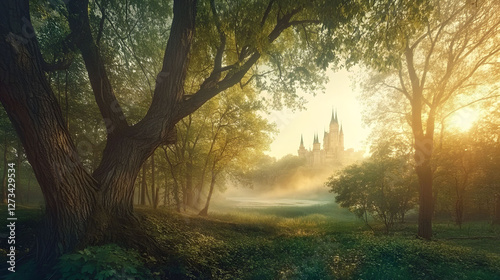
A mystical forest panorama with a tranquil river, the sunset casting golden light over the trees, a majestic castle