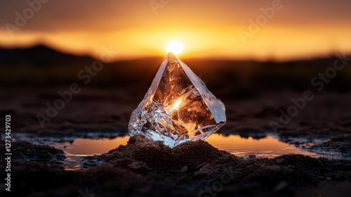 A stunning chunk of crystal ice beautifully reflects the golden rays of sunlight during dusk, embodying purity, elegance, and the intricate splendour of nature's artistry in the warm light. photo