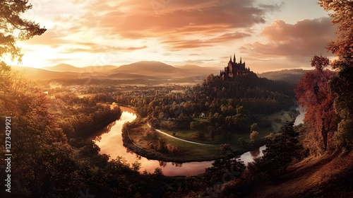 
A mystical forest panorama with a tranquil river, the sunset casting golden light over the trees, a majestic castle