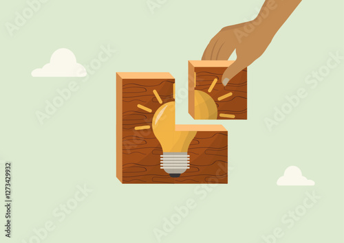 Sustainable Innovation and Problem-Solving Concept. hand placing a puzzle piece with a light bulb on a wooden block, symbolizing creativity, sustainability, and problem-solving. Vector illustration