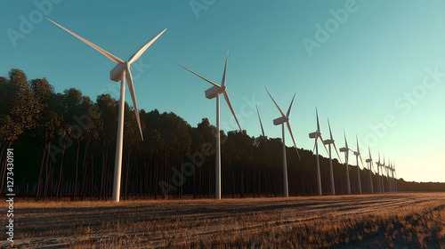 
A panoramic view of wind turbines standing in a green field under a clear blue sky, symbolizing renewable energy, ultra-realistic