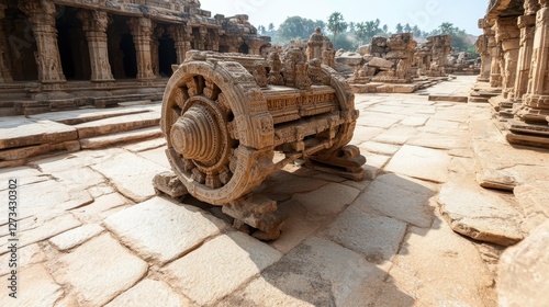 A beautifully carved ancient stone wheel rests amidst the ruins of Hampi, showcasing the intricate artistry and grandeur of a historic civilization, invoking awe. photo