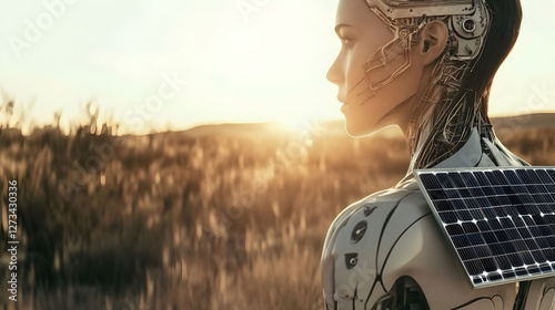 
A sleek humanoid robot with a solar panel on its back, standing in a desert landscape with the sun setting, ultra-detailed