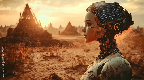 
A sleek humanoid robot with a solar panel on its back, standing in a desert landscape with the sun setting, ultra-detailed