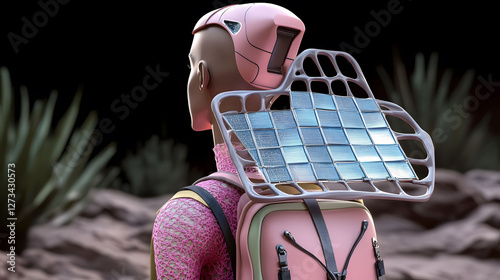 
A sleek humanoid robot with a solar panel on its back, standing in a desert landscape with the sun setting, ultra-detailed