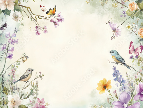 Fototapeta Naklejka Na Ścianę i Meble -  Colorful birds perched on branches in a blooming spring garden