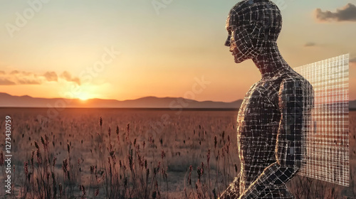 
A sleek humanoid robot with a solar panel on its back, standing in a desert landscape with the sun setting, ultra-detailed