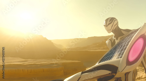 
A sleek humanoid robot with a solar panel on its back, standing in a desert landscape with the sun setting, ultra-detailed