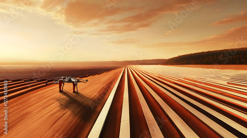 
A sleek humanoid robot with a solar panel on its back, standing in a desert landscape with the sun setting, ultra-detailed
