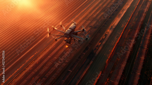 
A sleek humanoid robot with a solar panel on its back, standing in a desert landscape with the sun setting, ultra-detailed