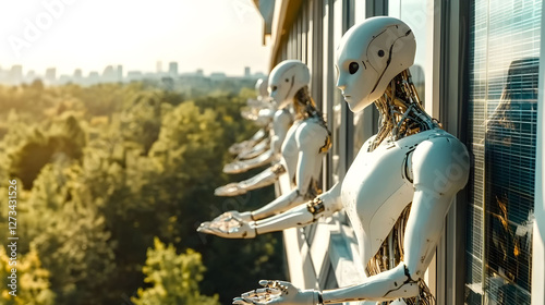 
A sleek humanoid robot with a solar panel on its back, standing in a desert landscape with the sun setting, ultra-detailed