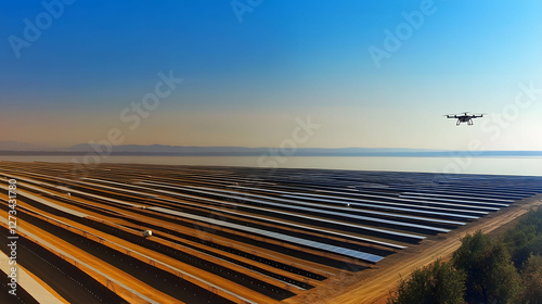 
A sleek humanoid robot with a solar panel on its back, standing in a desert landscape with the sun setting, ultra-detailed