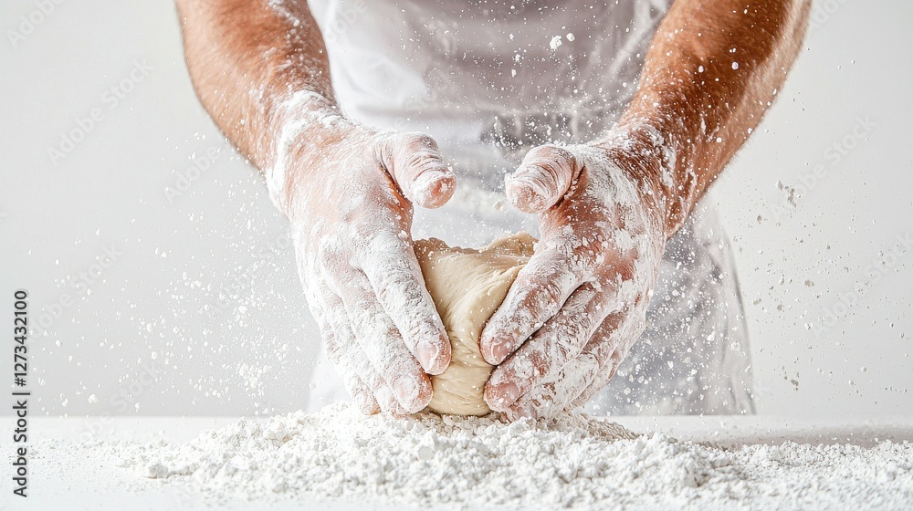 Fototapeta premium Close up of hands covered in flour shaping dough, flour dust bursts into the air against a bright white background. Baker's hands kneading dough. Food preparation concept.