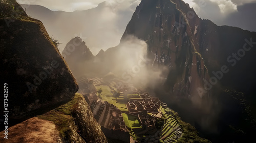 
Machu Picchu at sunrise, ancient Inca ruins surrounded by misty mountains, vibrant green landscape, ultra-realistic