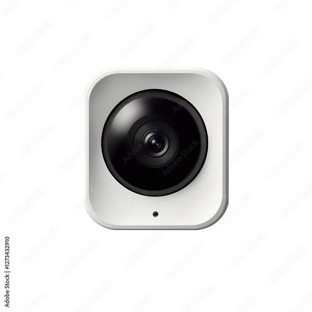 Indoor security camera with a round lens and white casing designed for monitoring spaces Indoor security camera with a round lens and white casing designed for monitoring spaces
