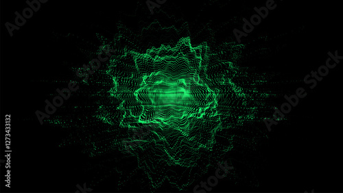 Glowing green wave with motion dots and top view. Abstract digital background. Particle explosion. Concept connection big data. Futuristic technology backdrop. Vector illustration.