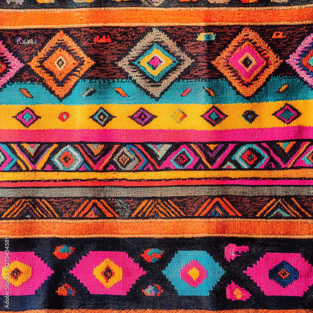Colorful fabric showing traditional geometric pattern with vibrant colors Colorful fabric showing traditional geometric pattern with vibrant colors