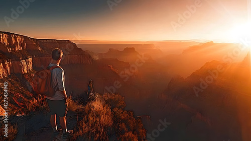 The Grand Canyon at sunrise  vibrant red and orange rock