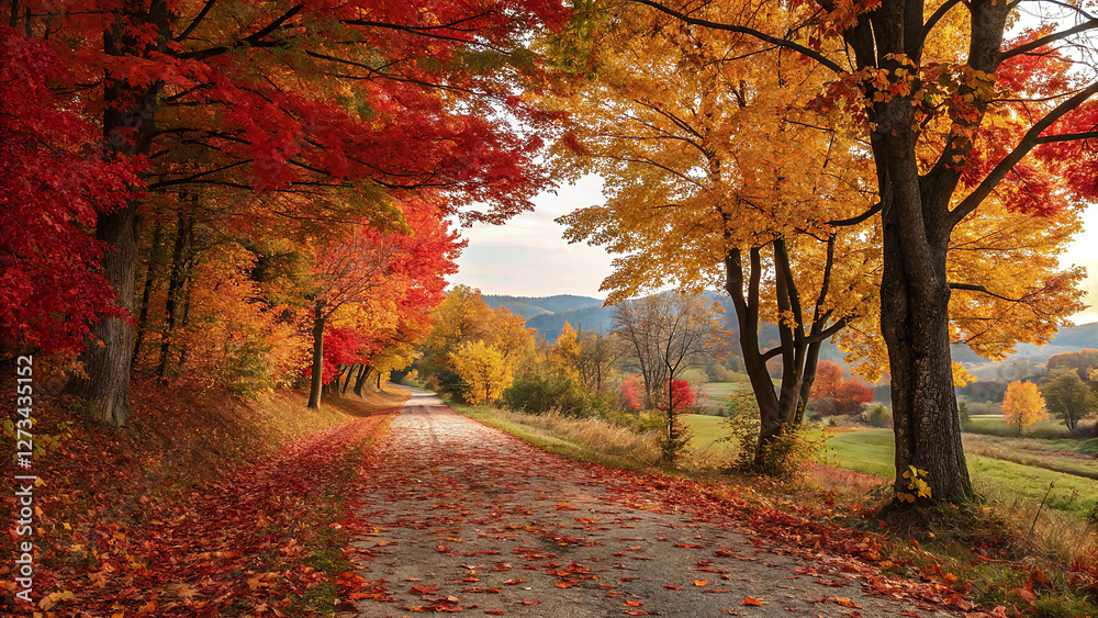 Obraz premium Autumn Pathway with Falling Leaves, Creating a Beautiful Seasonal Background.