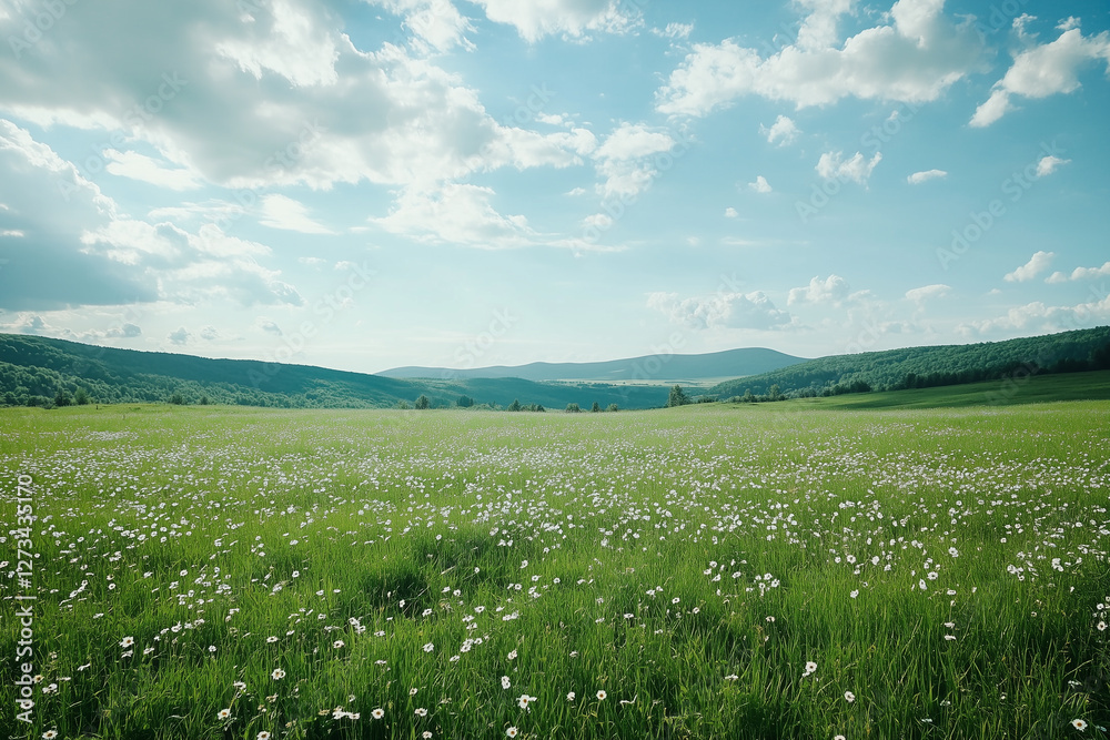 Fototapeta premium Green field with daisies sunny day