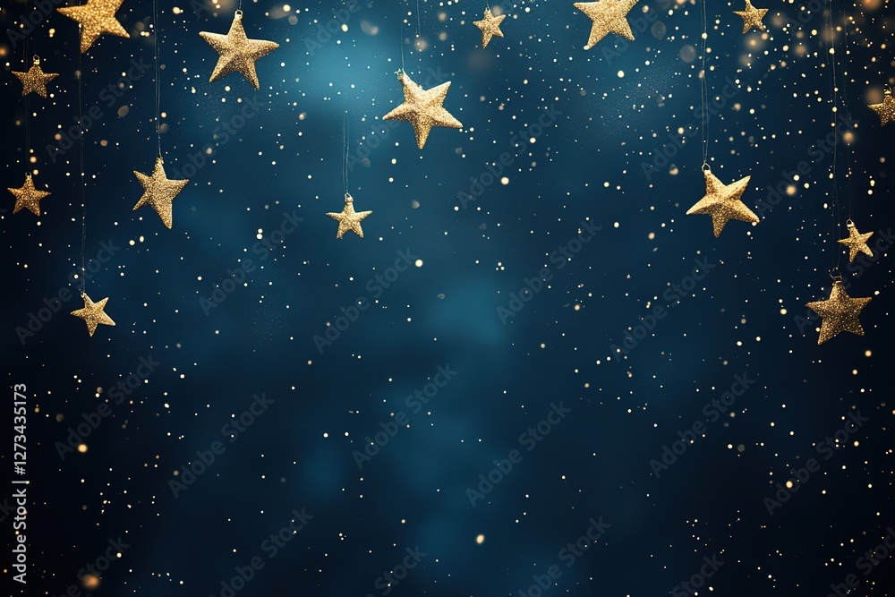 Naklejka premium Celestial Winter Night: A Dark Blue Background Adorned with Sparkling Golden Stars and Delicate Snowflakes, Perfect for Holiday Designs, Winter Themes, Festive Celebrations, and Magical Winter 
