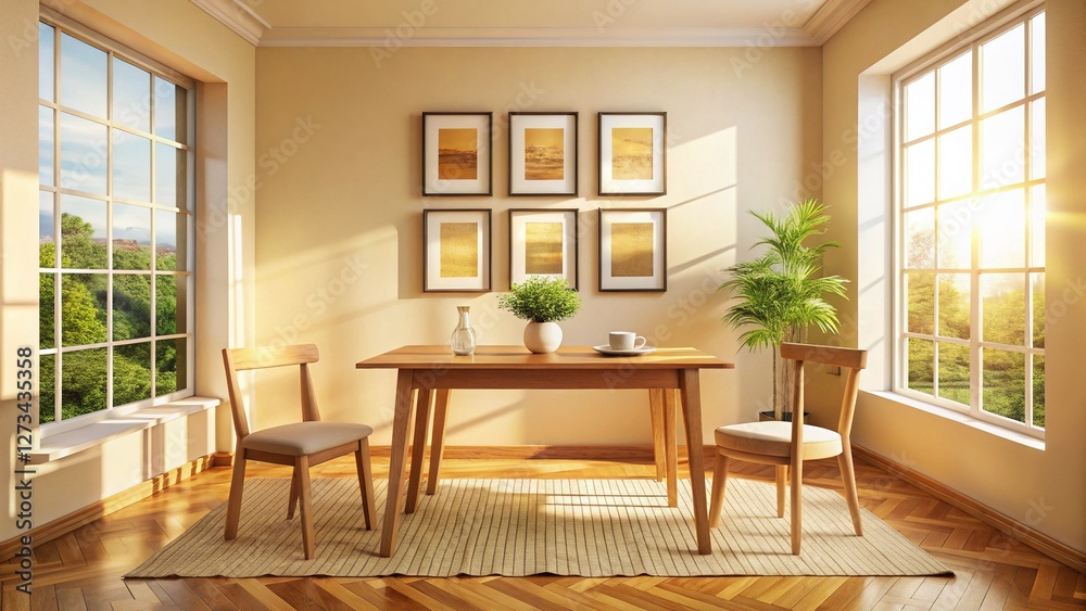 Fototapeta premium Empty Picture Frames on Wall, Room Interior with Window and Table, Chairs