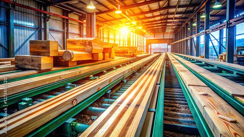 Freshly Cut Lumber Beams on Conveyor Belt in Modern Sawmill Freshly Cut Lumber Beams on Conveyor Belt in Modern Sawmill