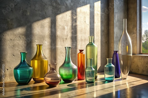 Glass Vases, Sunlight Shadows, Concrete, Modern Still Life, Abstract Photography
