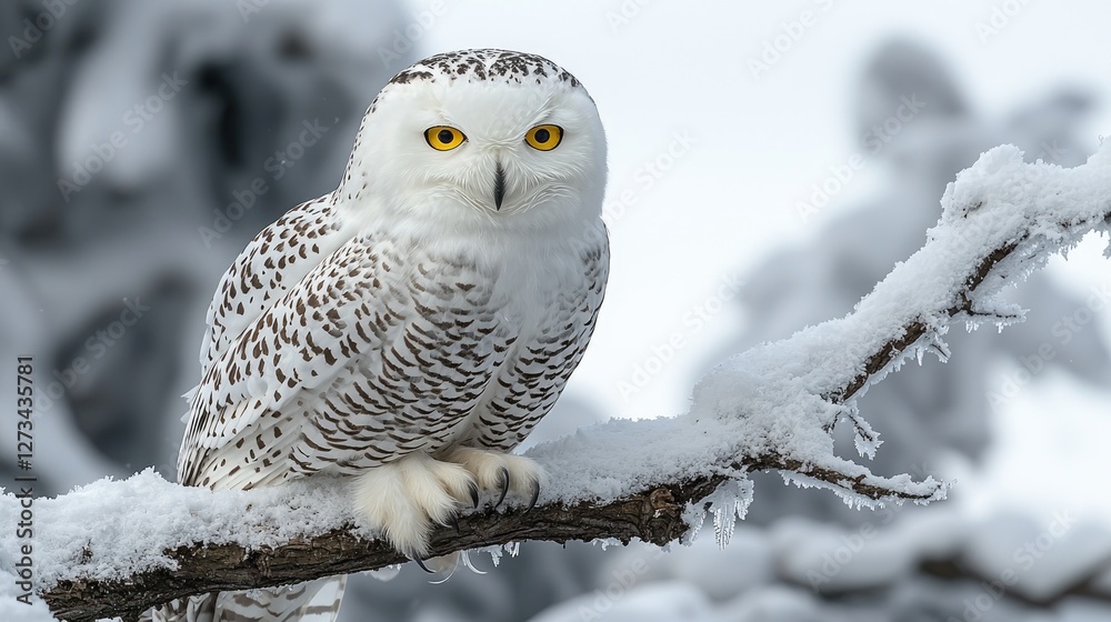 Fototapeta premium Snowy Owl Perched on a Snowy Branch in Winter