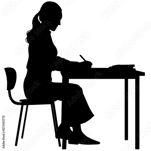 Silhouette of a Woman Studying at a Desk
