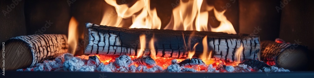 Fototapeta premium A close-up view of a warm and cozy fire burning in a fireplace, perfect for winter scenes or autumnal settings