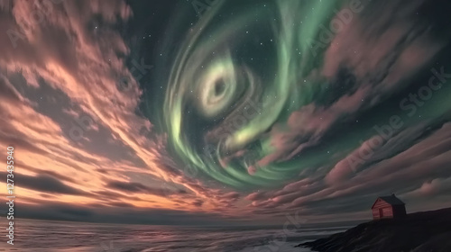 
The Northern Lights over a rugged Icelandic landscape, a small cabin in the foreground, vibrant green and purple auroras, ultra-detailed