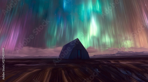 
The Northern Lights over a rugged Icelandic landscape, a small cabin in the foreground, vibrant green and purple auroras, ultra-detailed