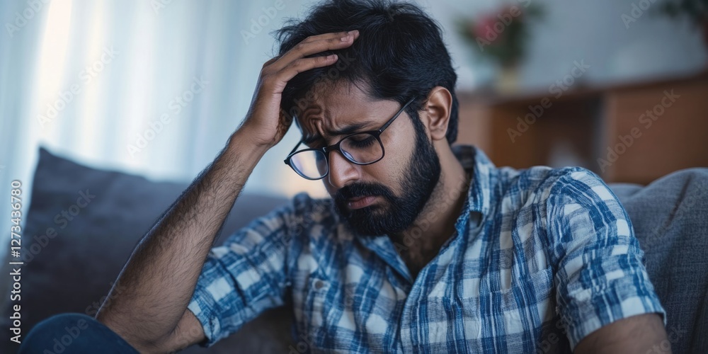 Obraz premium Man sitting on a couch with his head in his hands, expressing frustration or despair