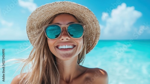 A radiant woman grins widely at the beach while wearing stylish sunglasses and holding a lollipop, capturing the essence of joy and carefree summer days in the sun.