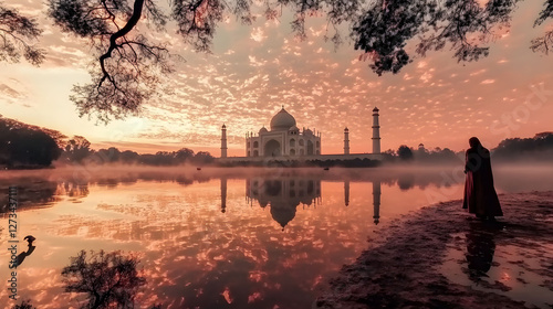 The Taj Mahal at dawn  reflecting in the water 