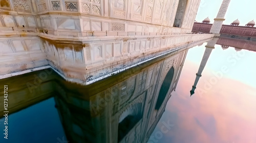 The Taj Mahal at dawn  reflecting in the water 